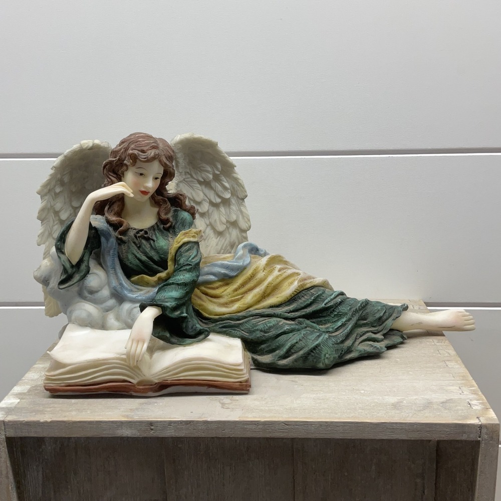Christmas Around the World Reclining Angel Reading Book Figurine Green Gold 8.5"